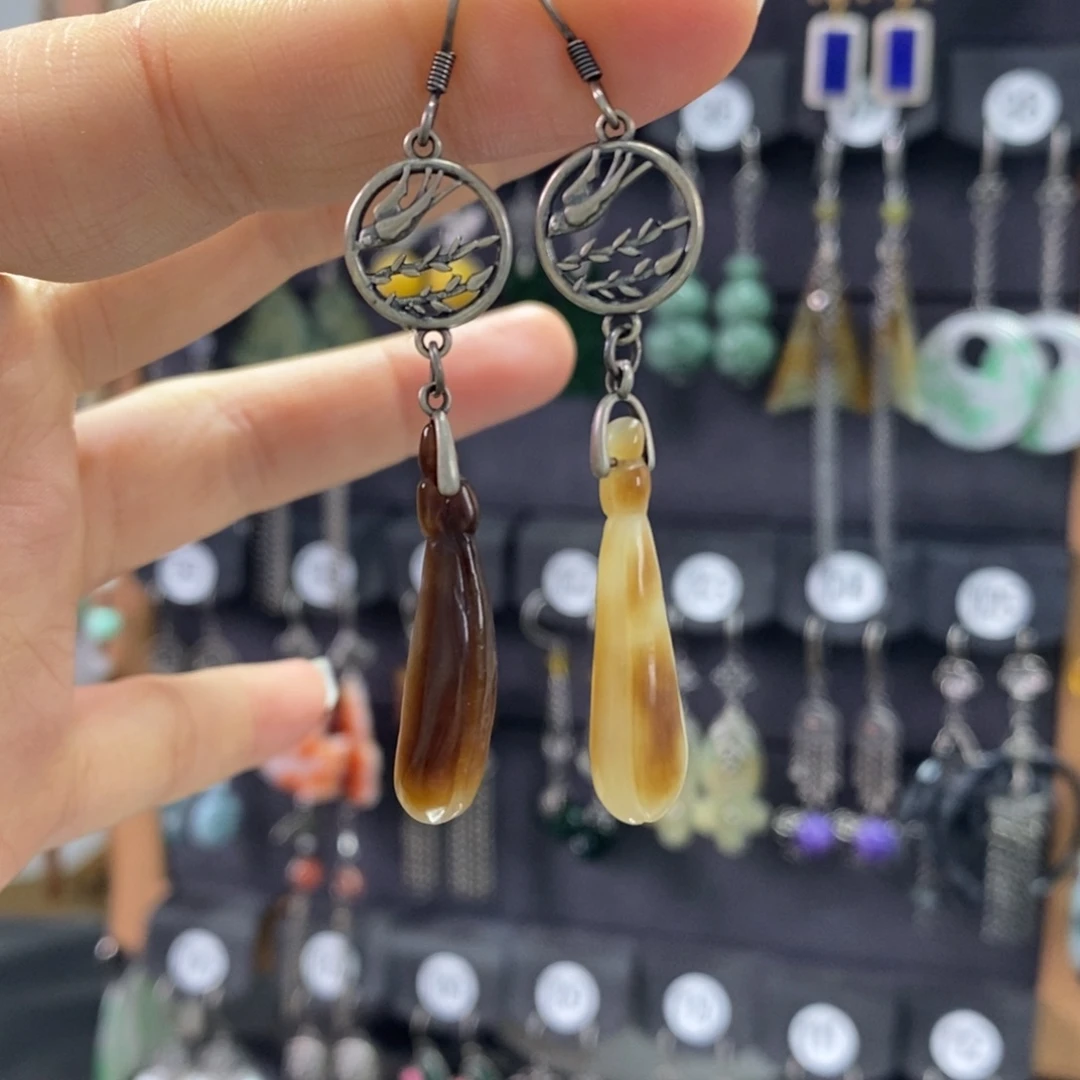 和田玉银S925镶嵌耳饰