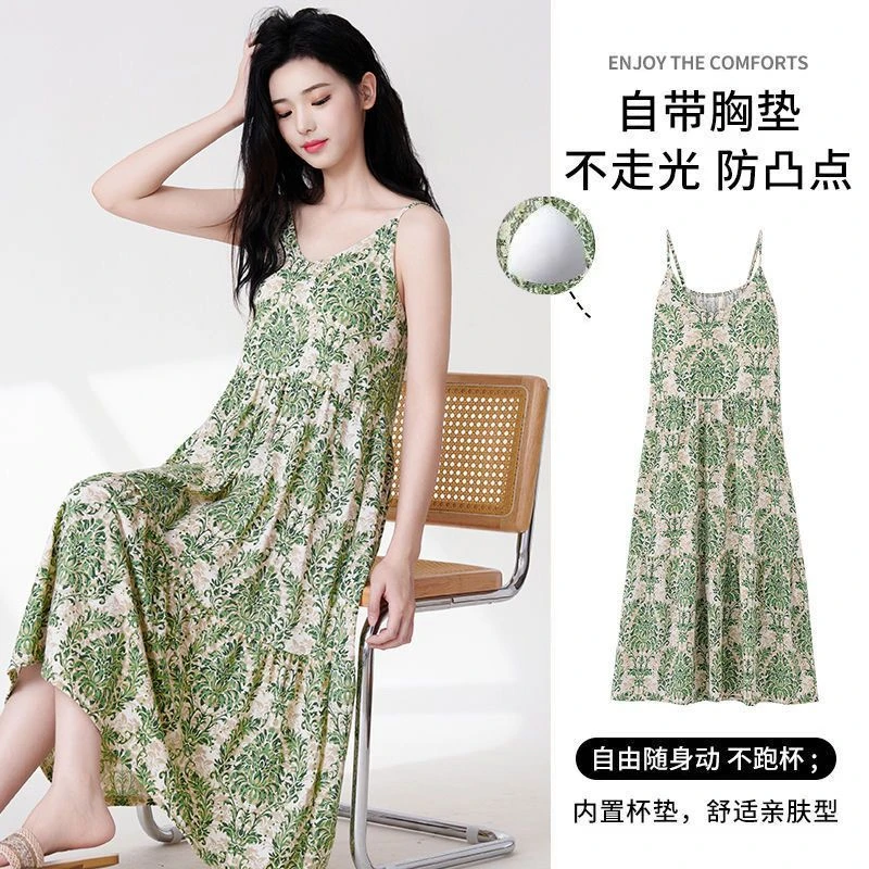 薄荷曼波吊带睡裙女款2025夏季新款大码睡衣带胸垫可外穿连衣裙子