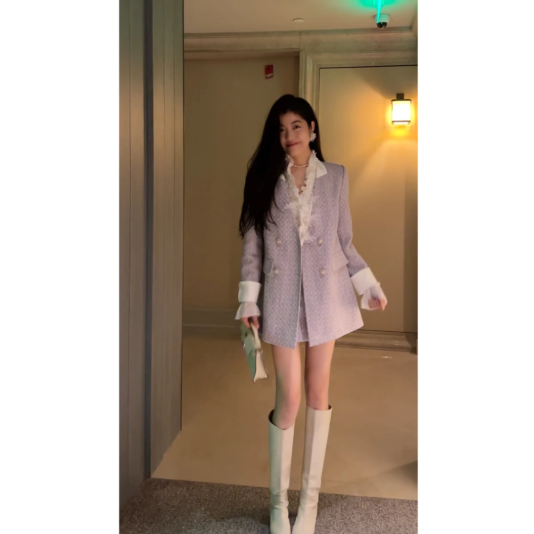 N.COU妮蔻25秋新款精致洋气气质小香风紫色外套半裙套装DY79830