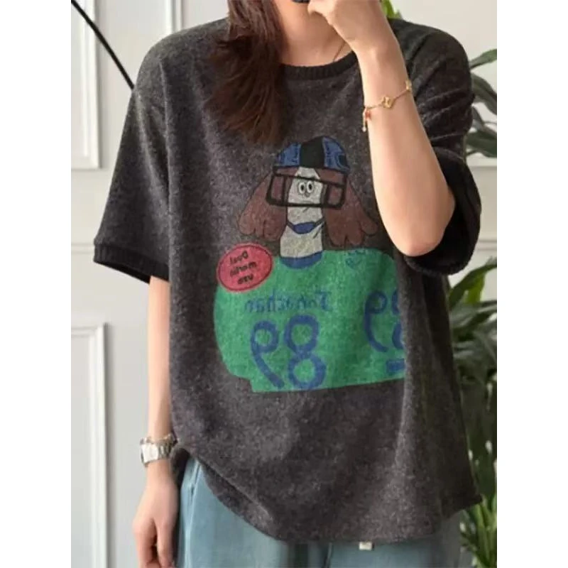 慵懒风韩版时尚［蘑菇头女孩］趣味卡通印花磨毛短袖圆领内搭25007