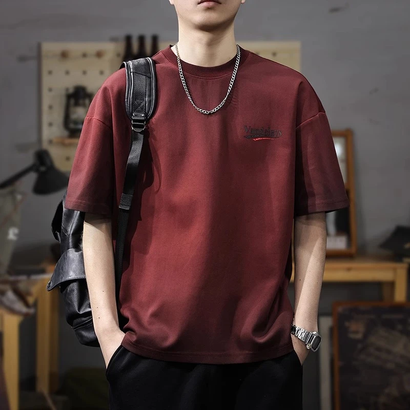 美式重磅短袖T恤男士夏季宽松高端潮牌休闲红色印花大码体恤男装