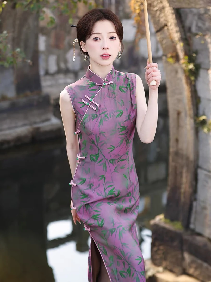 优雅双层中长裙圆领纯色时尚春夏做旧无袖日常旗袍