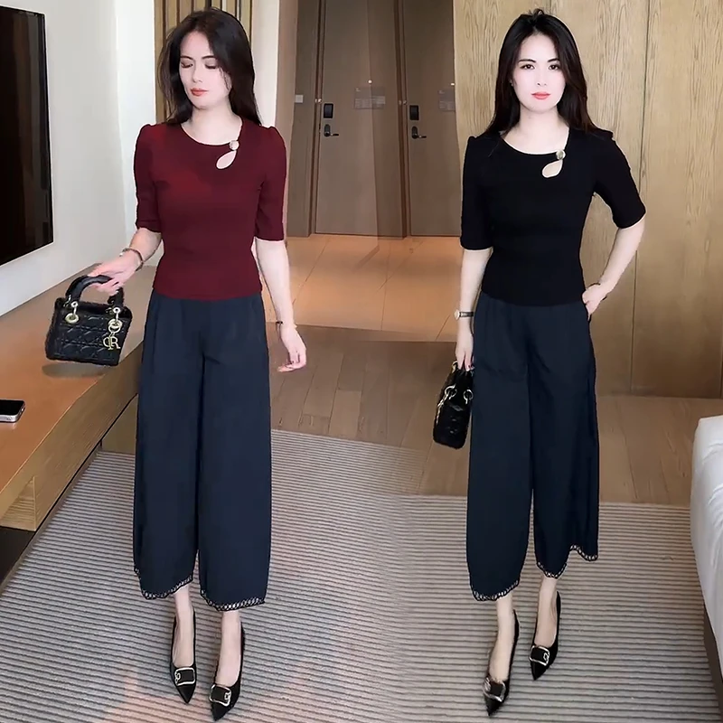 时尚套装女2025秋季新款洋气显瘦百搭七分袖T恤阔腿裤气质两件套