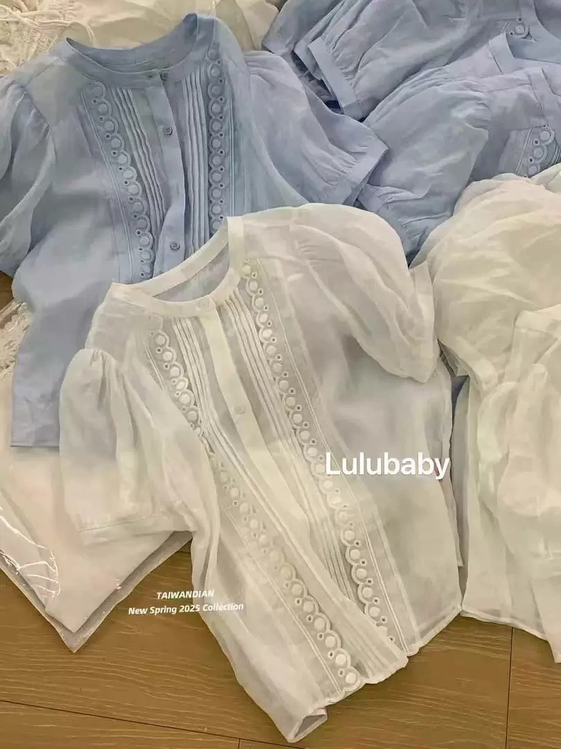 【海南简爱】时尚圆领拼接蕾丝短袖刺绣显瘦百搭衬衫女58212