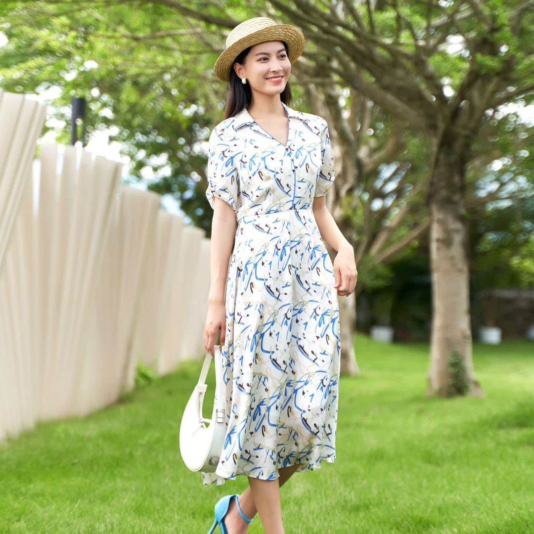 歌蒂诗夏季专柜新款时尚撞色印花V领显瘦气质连衣裙1D14L3012