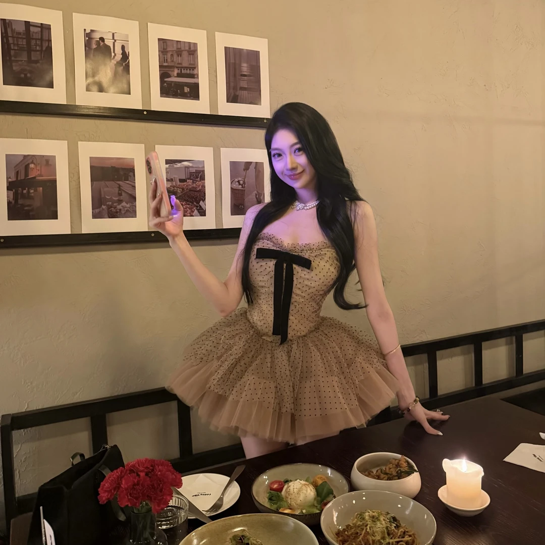 【草莓-焦糖布蕾】夏季法式纯欲风波点网纱抹胸裙收腰显瘦蓬蓬裙