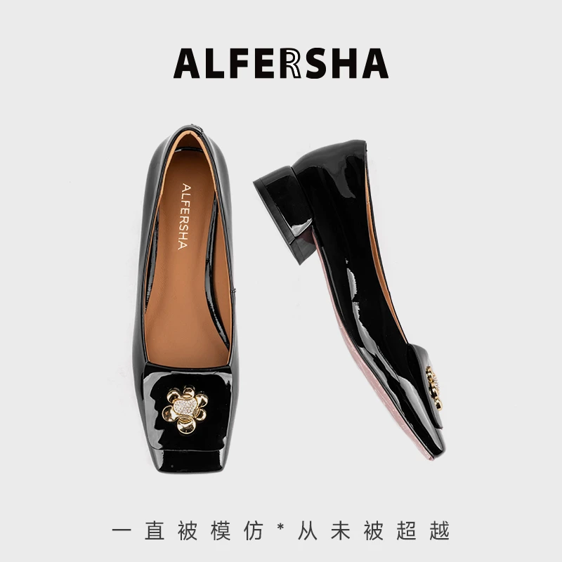 2025春款四季单鞋阿芙莎2619620时尚法式粗跟单鞋黑色B玛丽珍高跟