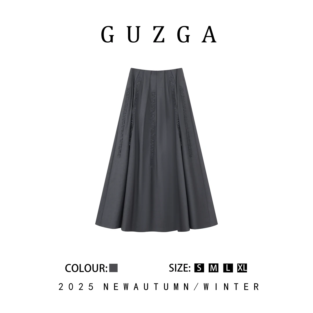 GUZGA【仪态万端】2025早秋新款显瘦气质百褶中长款半身裙时尚百搭