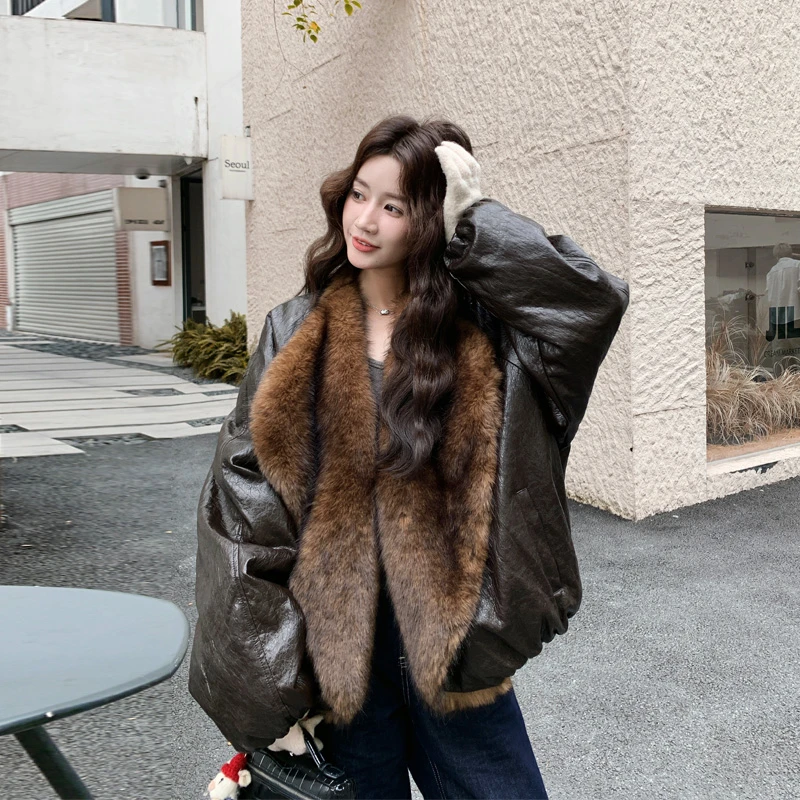 高级感复古轻奢千金风皮衣派克服2025冬季新款轻熟风毛绒绒厚棉服