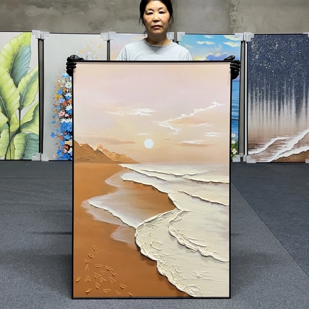 《浪漫海岸》手绘沙滩海浪奶油风客厅砂岩肌理油画玄关挂画80120