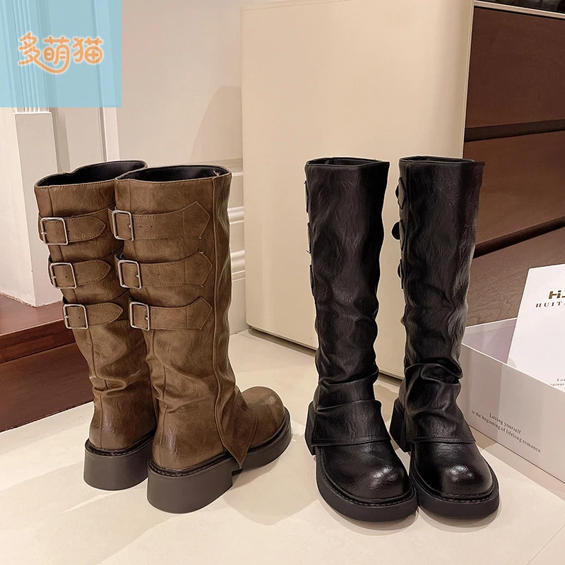 复古皮带扣堆堆靴厚底长筒靴女不过膝靴子高跟长靴西部高筒骑士靴