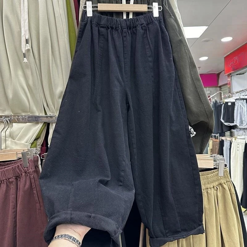 胖MM文艺黑色松紧腰休闲裤女宽松舒适时尚百搭显瘦阔腿裤九分裤子