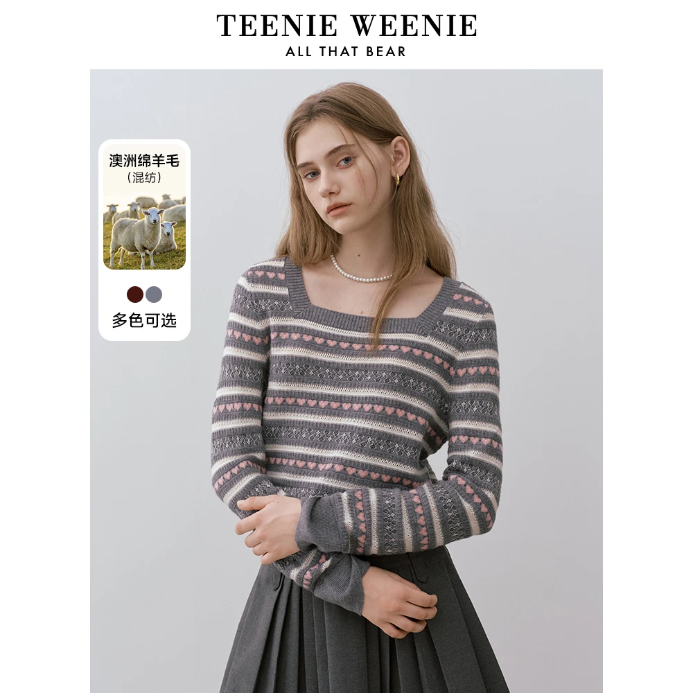 TeenieWeenie小熊毛衣24冬季新款撞色镂空复古上衣女TTKW248C56N