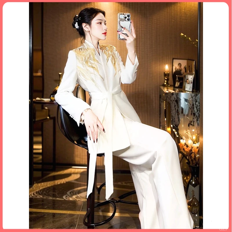 高级感刺绣白色西装西裤两件套装女2025年春季新款职场名媛风金线