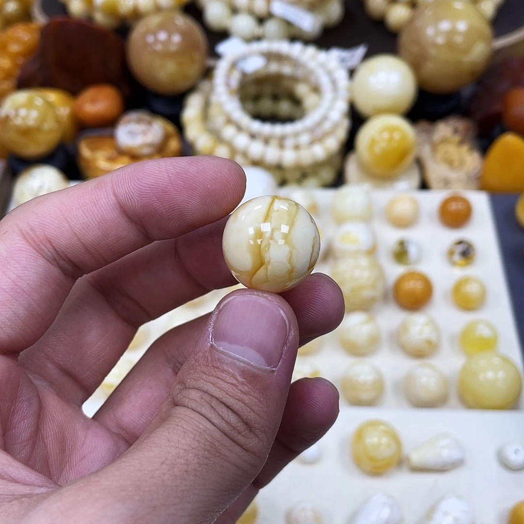 蜜蜡未镶嵌珠宝奇石18.9mm【金丝妖花石膏瓷白】圆珠