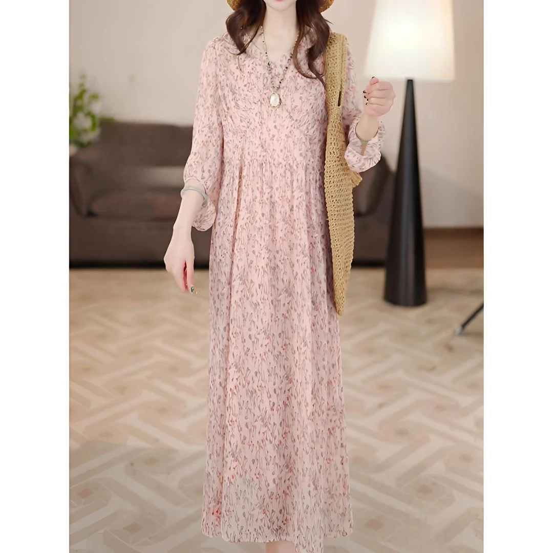 高档法式气质印花V领连衣裙女2026夏季新款宽松显瘦时尚碎花长裙