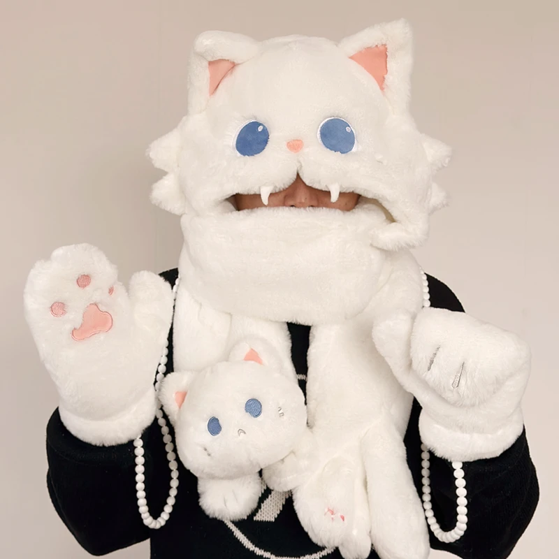 可爱猫咪围脖帽子手套一体毛绒保暖百搭连帽围巾冬季女生礼物礼品