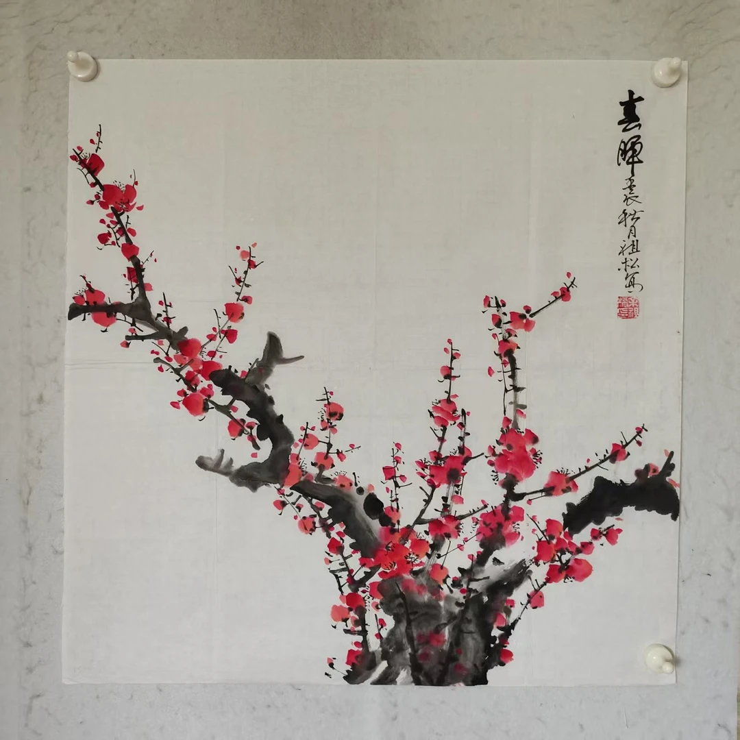 4744 纯手绘老字画《梅花》斗方  尺寸 68×68