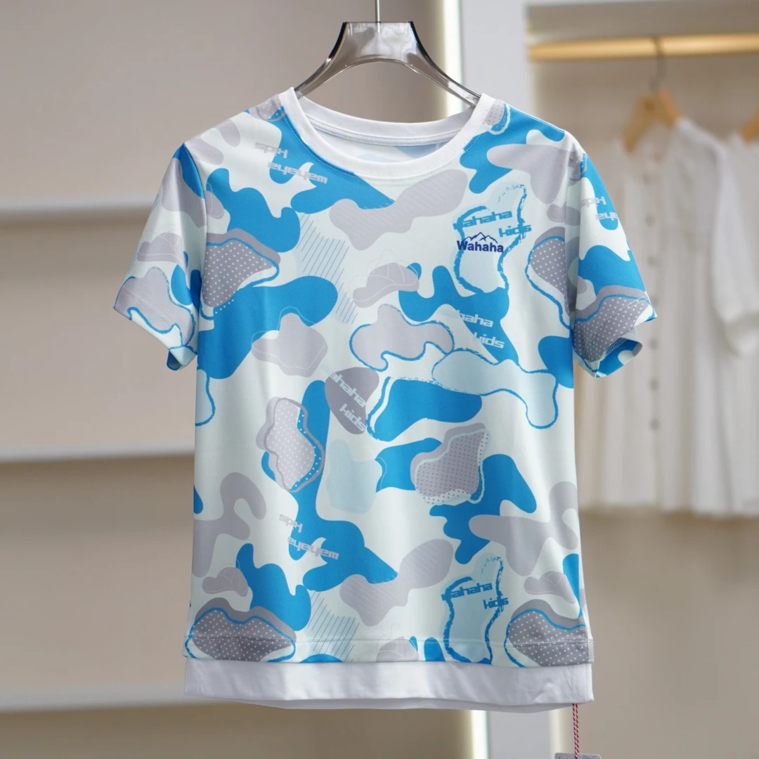 一路童行 娃ha系列 A034 男童夏迷彩短袖T恤 蓝色12420309005