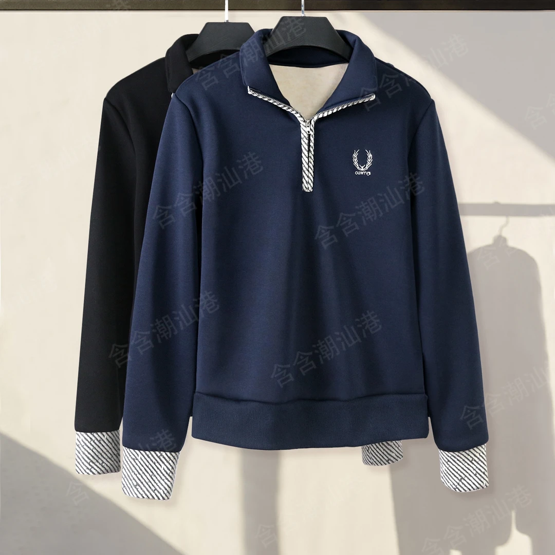 2025冬季新款打底衫上衣女重工刺绣半拉链斜纹拼接时尚休闲上衣女