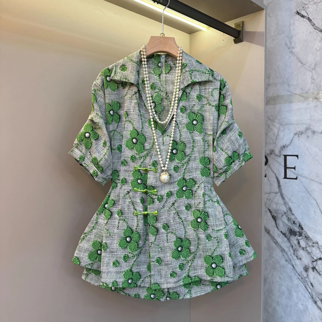 新中式气质国风翻领复古盘扣上衣短裤2025夏季新款高级感套装703