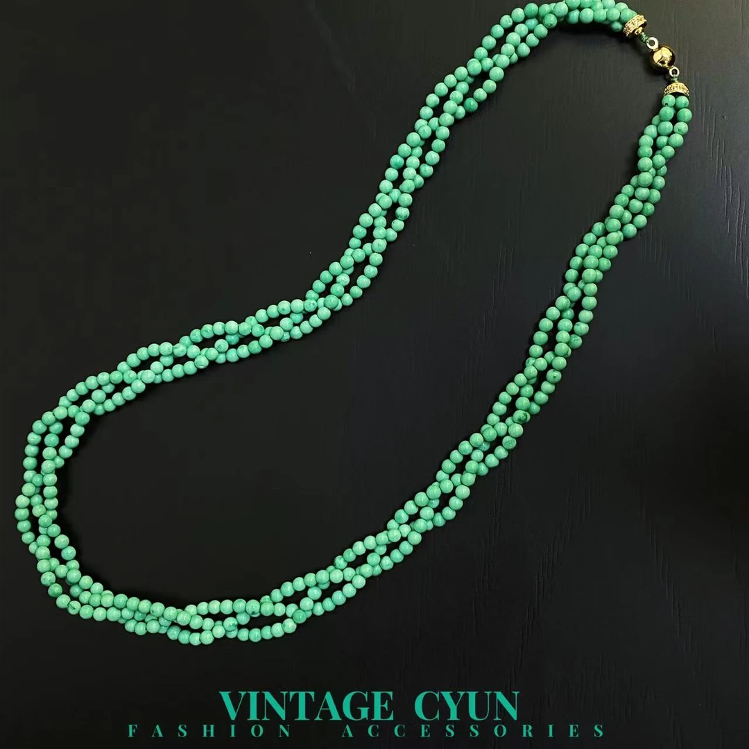 【沐羽珠宝】湖北绿色手工圆珠（3-4）mm三层扭扭项链11949