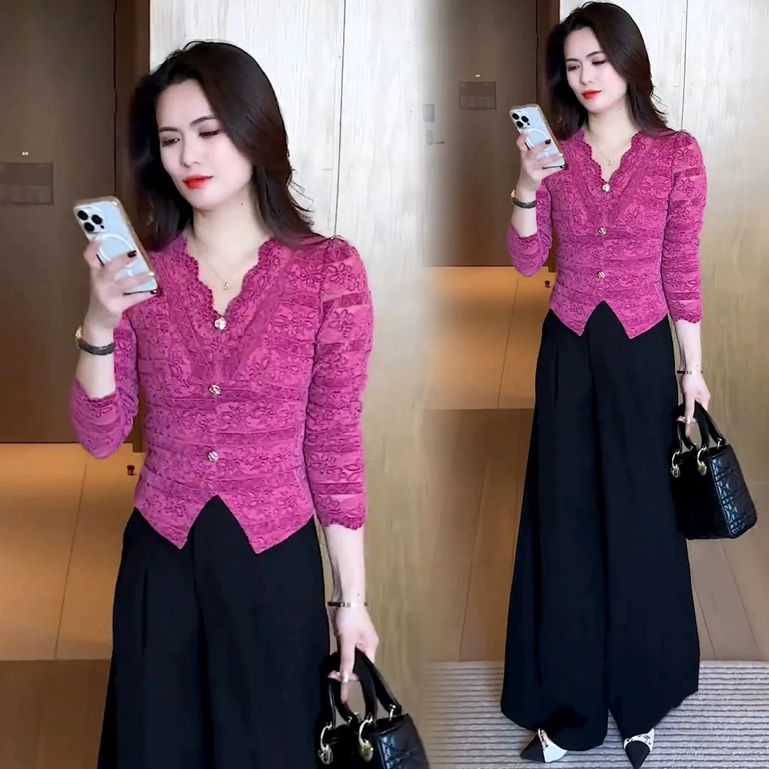 时尚蕾丝衬衫女2025秋季新款小众百搭V领修身显瘦开叉蕾丝衬衫潮