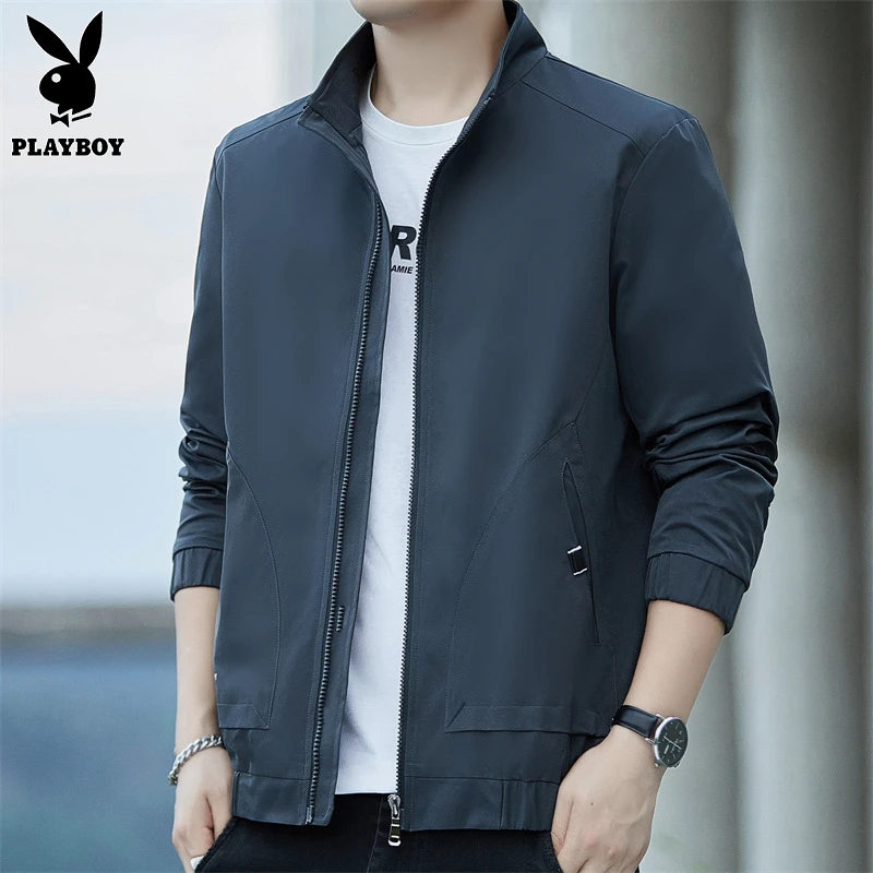 花花公子休闲夹克外套男士春秋季立领上衣服新款潮流宽松百搭青年