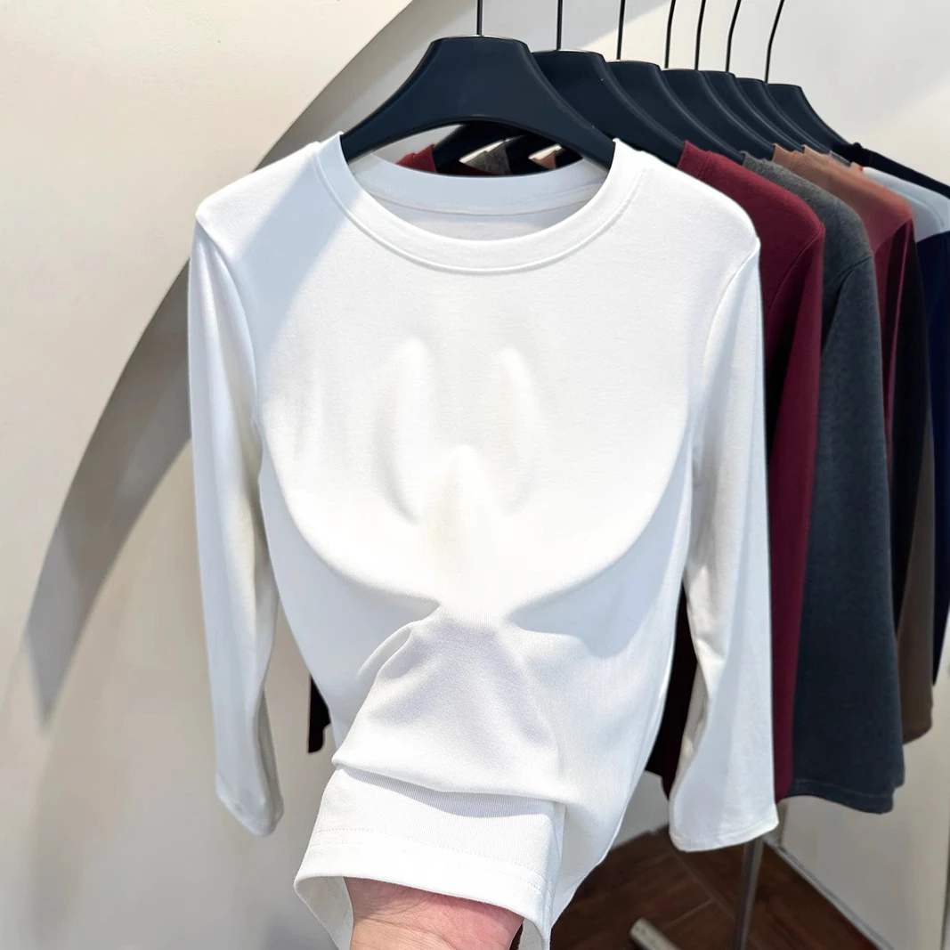 白色打底衫女2025早春新款正肩T恤长袖修身圆领西装内搭薄款上衣