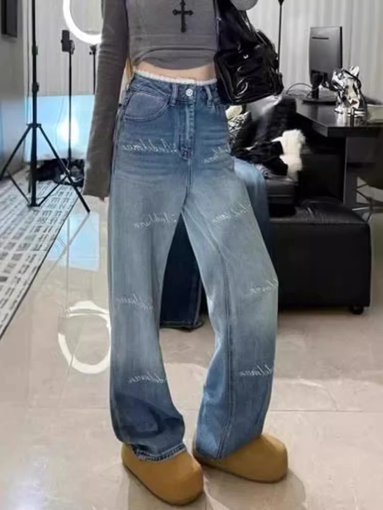 渐变色腰部拼接牛仔裤女2025春秋款直筒裤高腰拖地裤宽松阔腿裤子