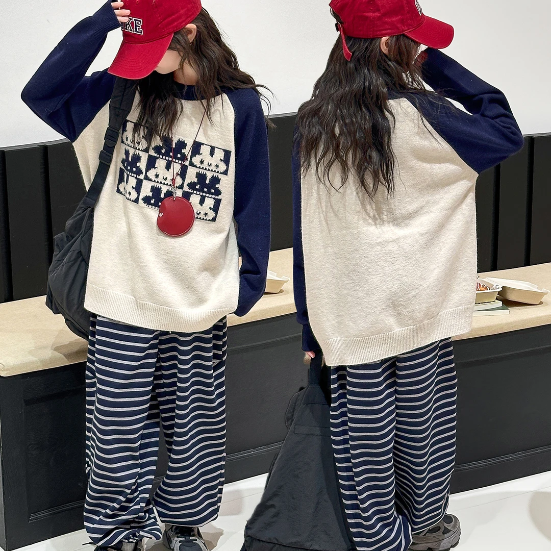 女童套装春秋款2025新款儿童洋气针织开衫女孩秋装条纹裤两件套潮