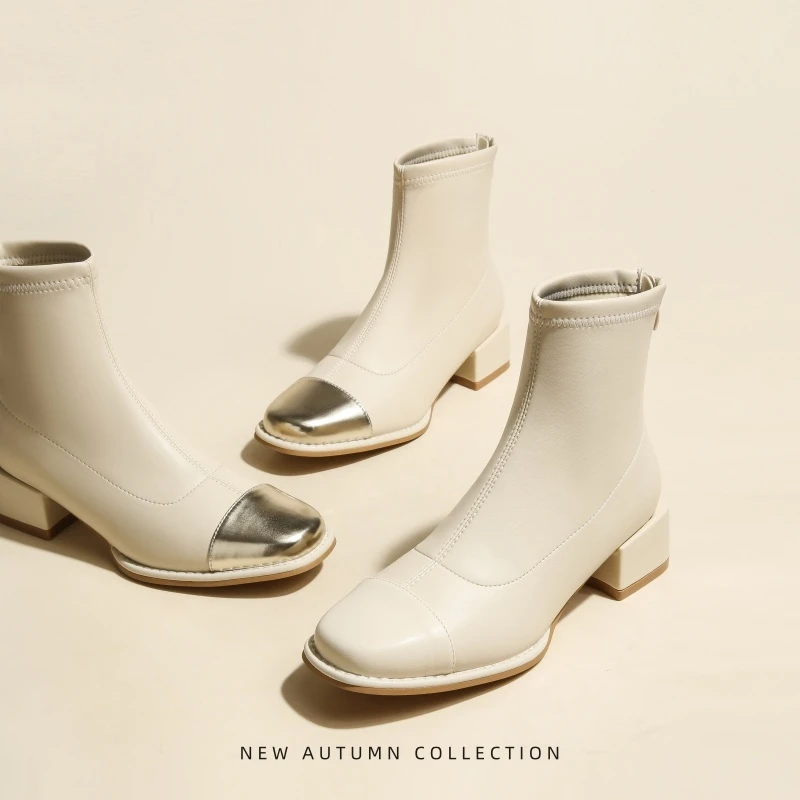 法式小香风粗跟小短靴2025新款秋冬白色切尔西靴女时尚瘦瘦靴高跟