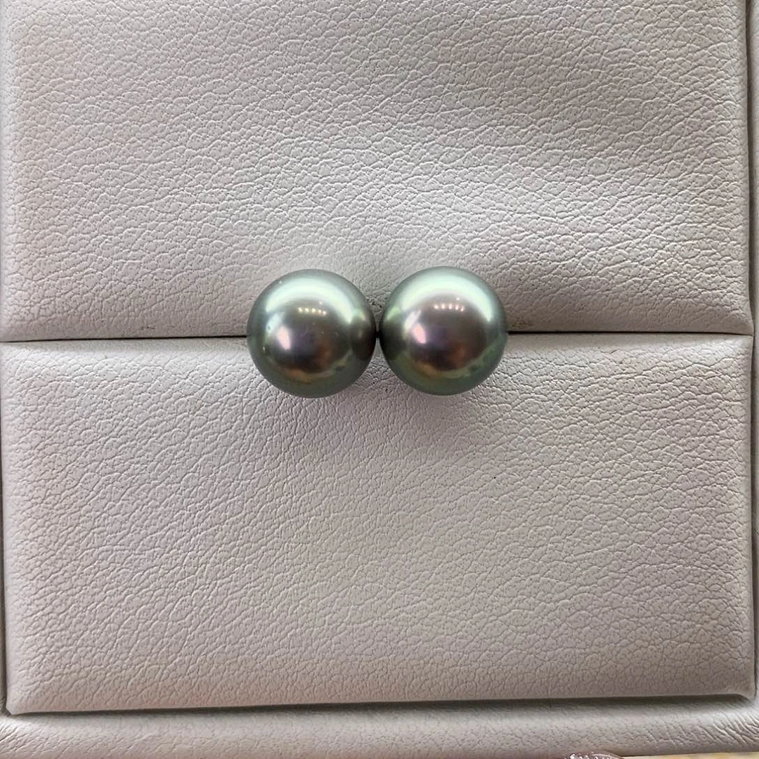 海水珍珠耳饰18K金镶嵌大溪地孔雀绿9-10m m
