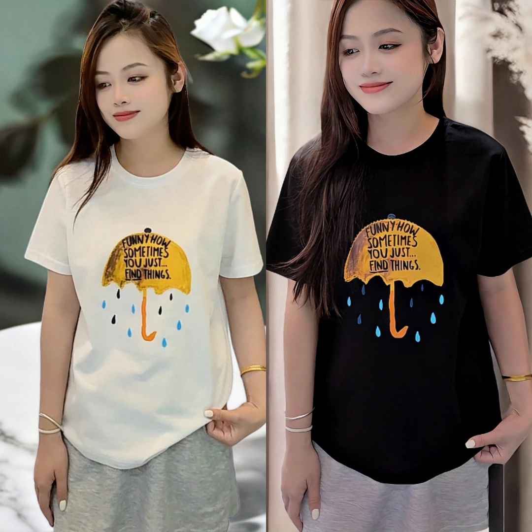 小雨伞短袖通勤卡通常规刺绣修身型透气吸汗常规款圆领T恤