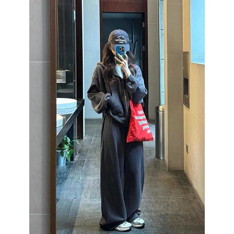 今年流行慵懒风休闲运动套装女秋超火宽松显瘦拉链卫衣外套阔腿裤