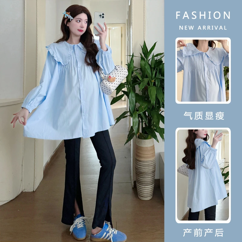 孕妇装春秋款2025新款时尚白色娃娃领衬衣大码微喇牛仔裤两件套