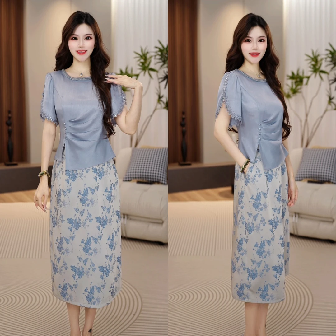 上衣+半身裙 2025夏季蓝色洋气减龄时尚修身显瘦短袖套装裙M-4XL