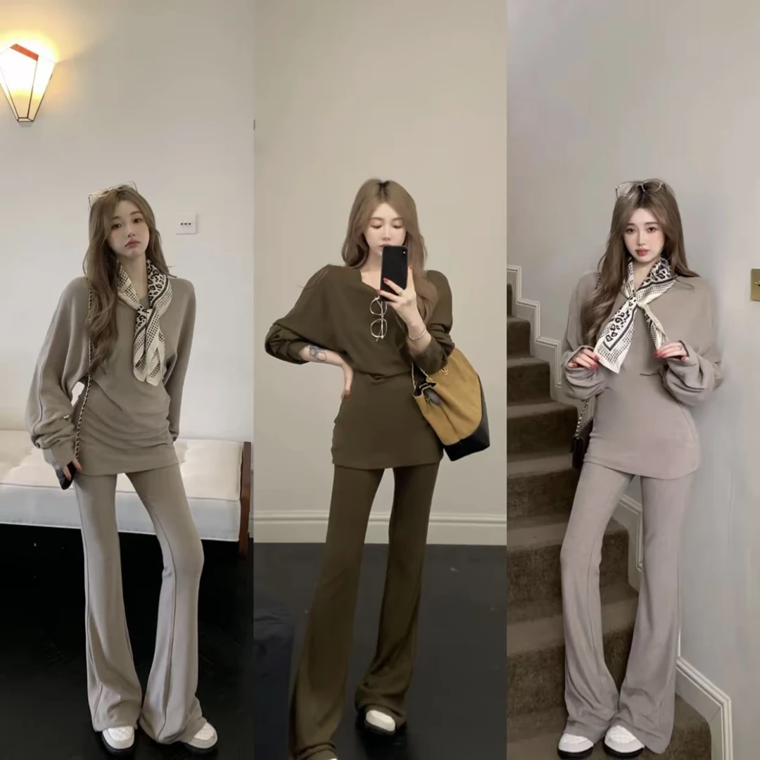 磨毛德绒针织长袖女秋冬宽松显瘦内搭打底衫上衣长裤套装