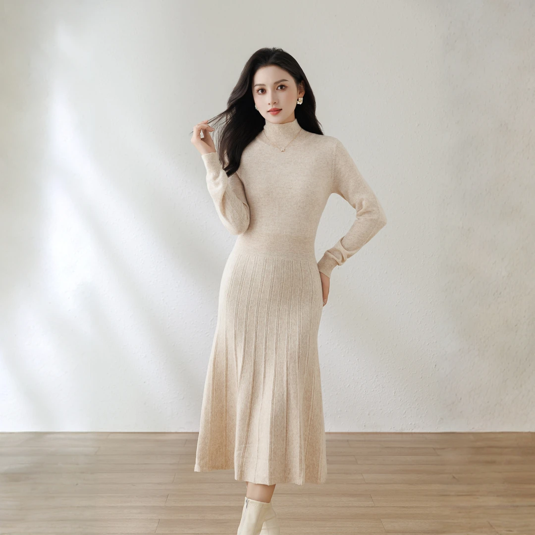 【100% 山羊绒】秋冬高领坑条针织连衣裙女修身羊绒长裙 CDM0009