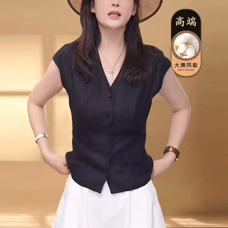 黑色V领亚麻衬衫女2025夏季新款高级感洋气减龄显瘦收腰显瘦上衣