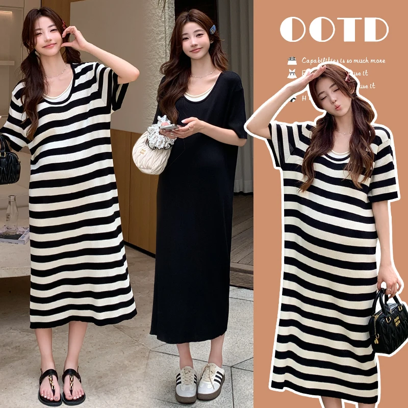 孕妇装新款夏季孕妇装针织长款条纹孕妇连衣裙
