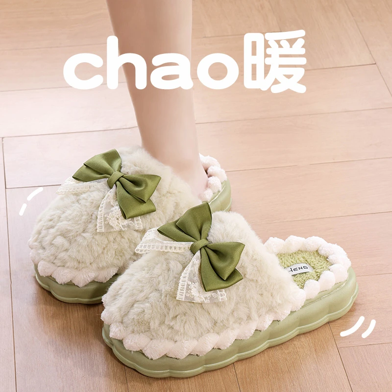 蝴蝶结毛毛棉拖鞋女士2025冬季新款厚底室内家居踩屎感可爱棉拖女
