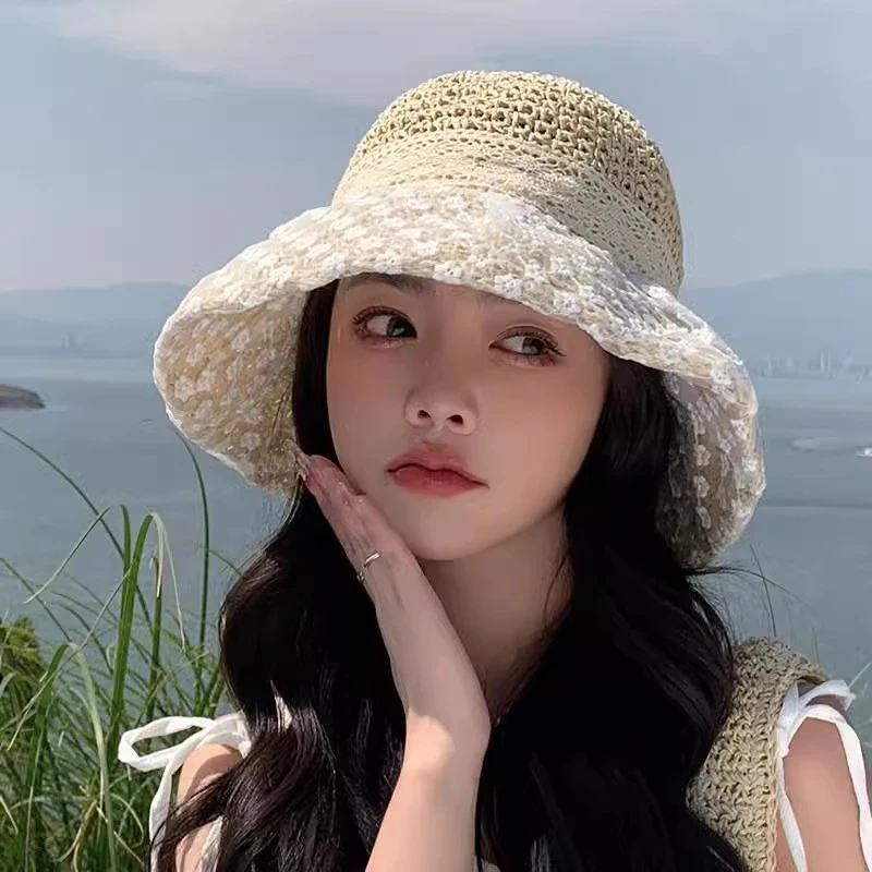 草帽女新款日系小清新蕾丝草编帽子夏季出游防晒帽大檐沙滩遮阳帽