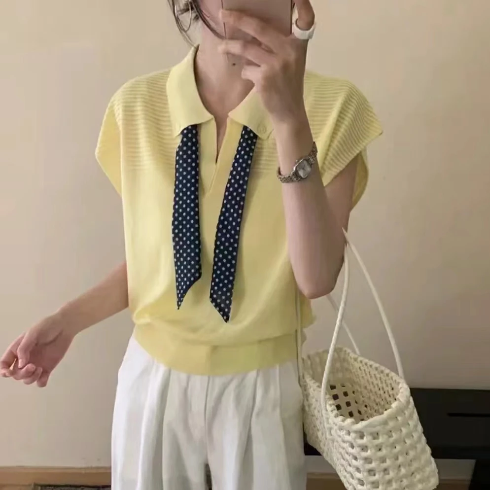 灰色polo领无袖针织t恤女小个子2025夏季新款超火减龄款百搭上衣