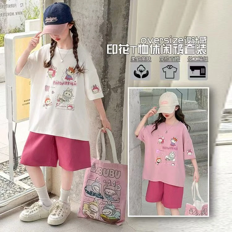 女童印花套装夏季2025新款中大童卡通印花半袖上衣休闲裤两件套潮