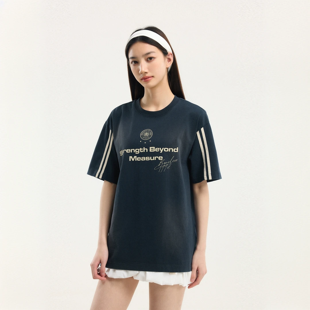 BONELESS拼接双织带设计喷色做旧印花短袖纯棉百搭T恤