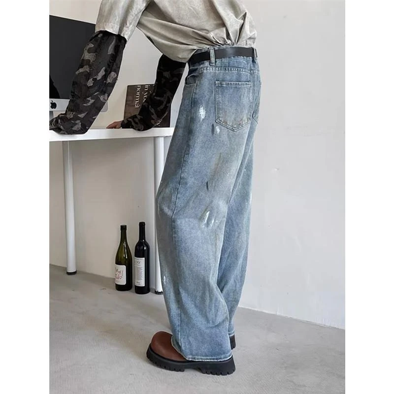 【TQUX港奢男装】美式覆古水洗泼墨破洞牛仔裤cleanfit潮牌痞帅炸