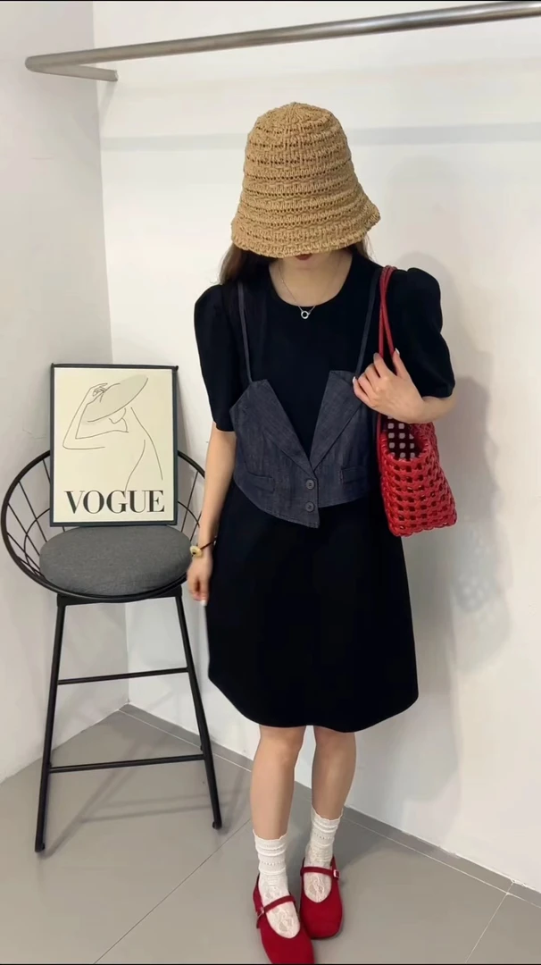 2505假两件短袖连衣裙时尚收腰背带裙气质夏季牛仔