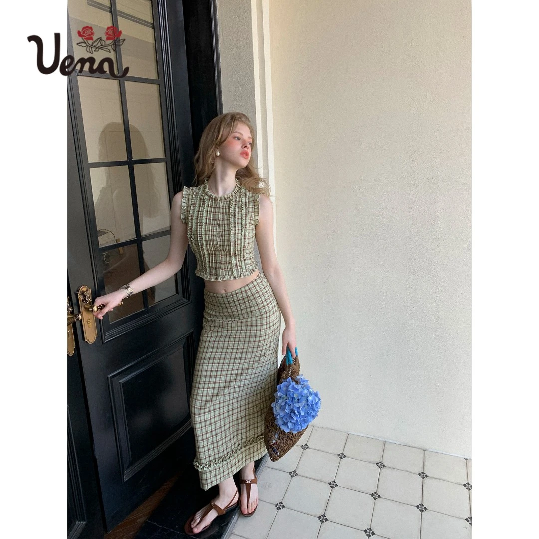 【心动手记】Uena棕绿色格纹木耳花边圆领背心长款直筒半身裙套装