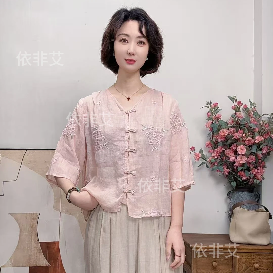 新中式国风刺绣苎麻衬衫女2025夏季薄款宽松遮肚v领盘扣苎麻上衣